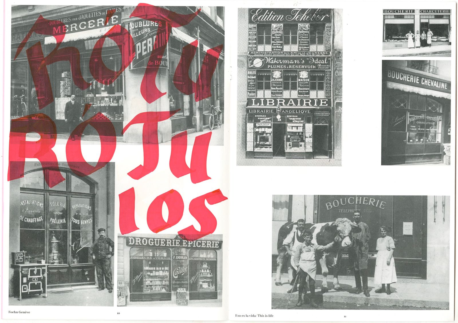 Spread from a publication with lettering in red layered on top of archival photos of Swiss shopfronts.