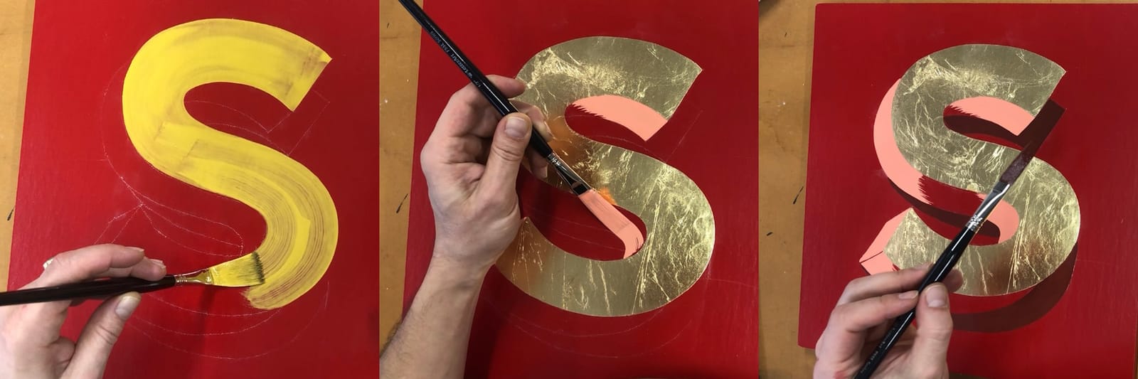 Triptych showing three stages of gilding and painting a sans-serif letter 'S'.