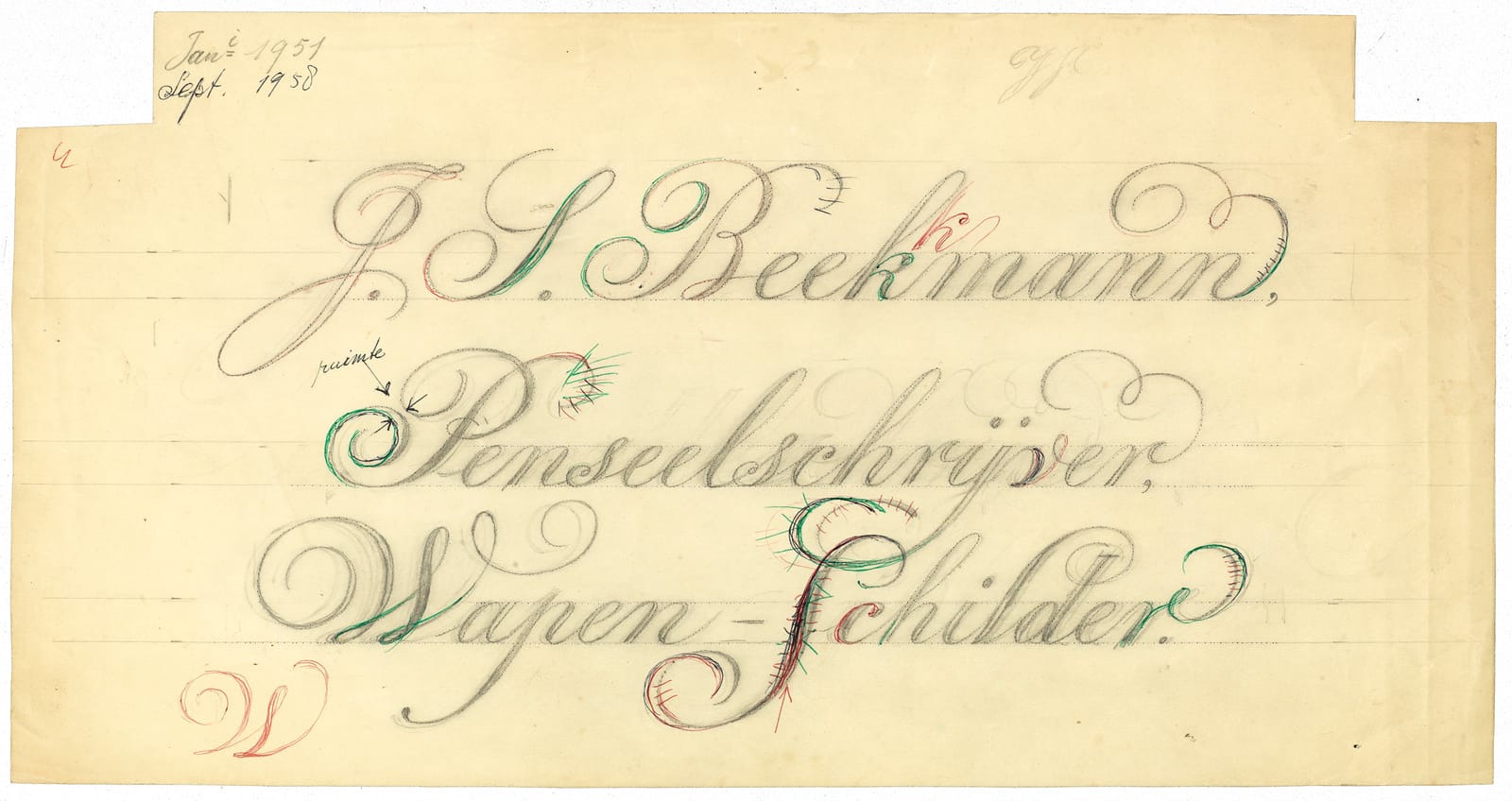 Hand-lettered paper with the name and address of the sign painter that produced it.