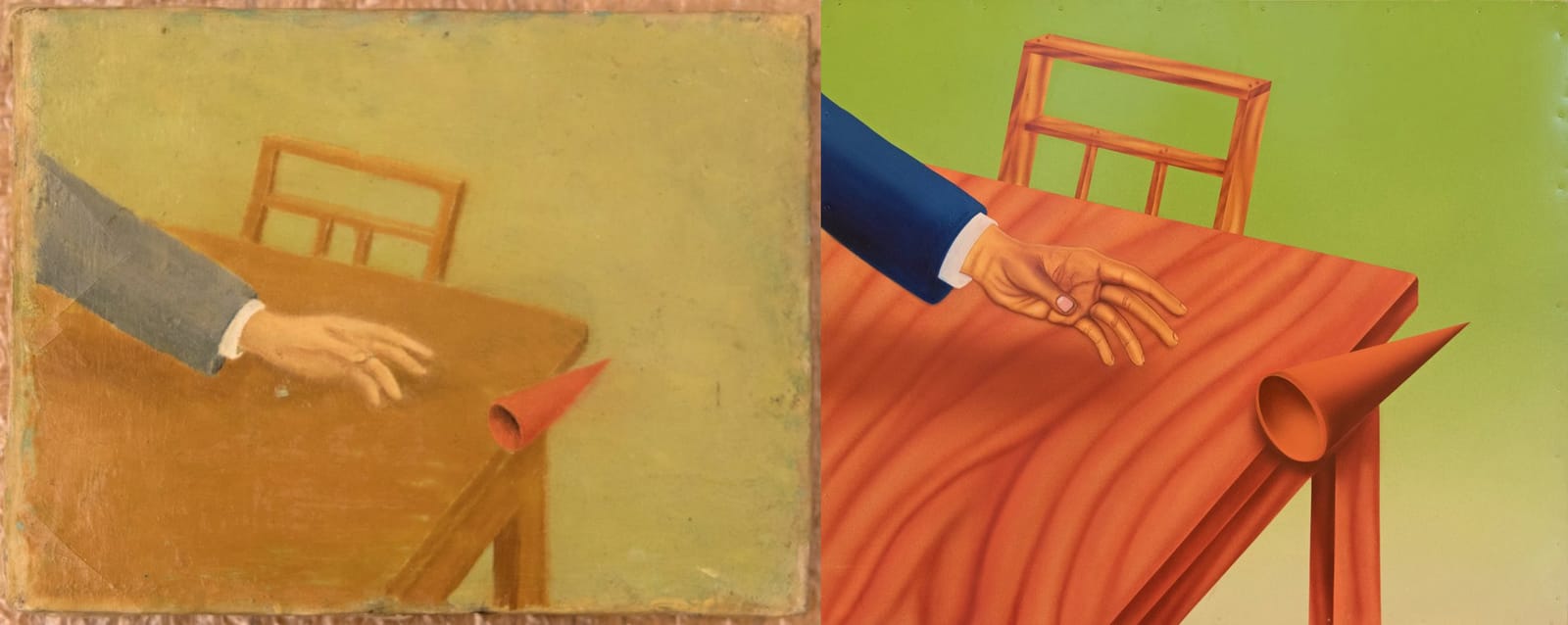 Two paintings side by side depicting a chair, a table with a cone falling off it, and a hand reaching towards the cone.