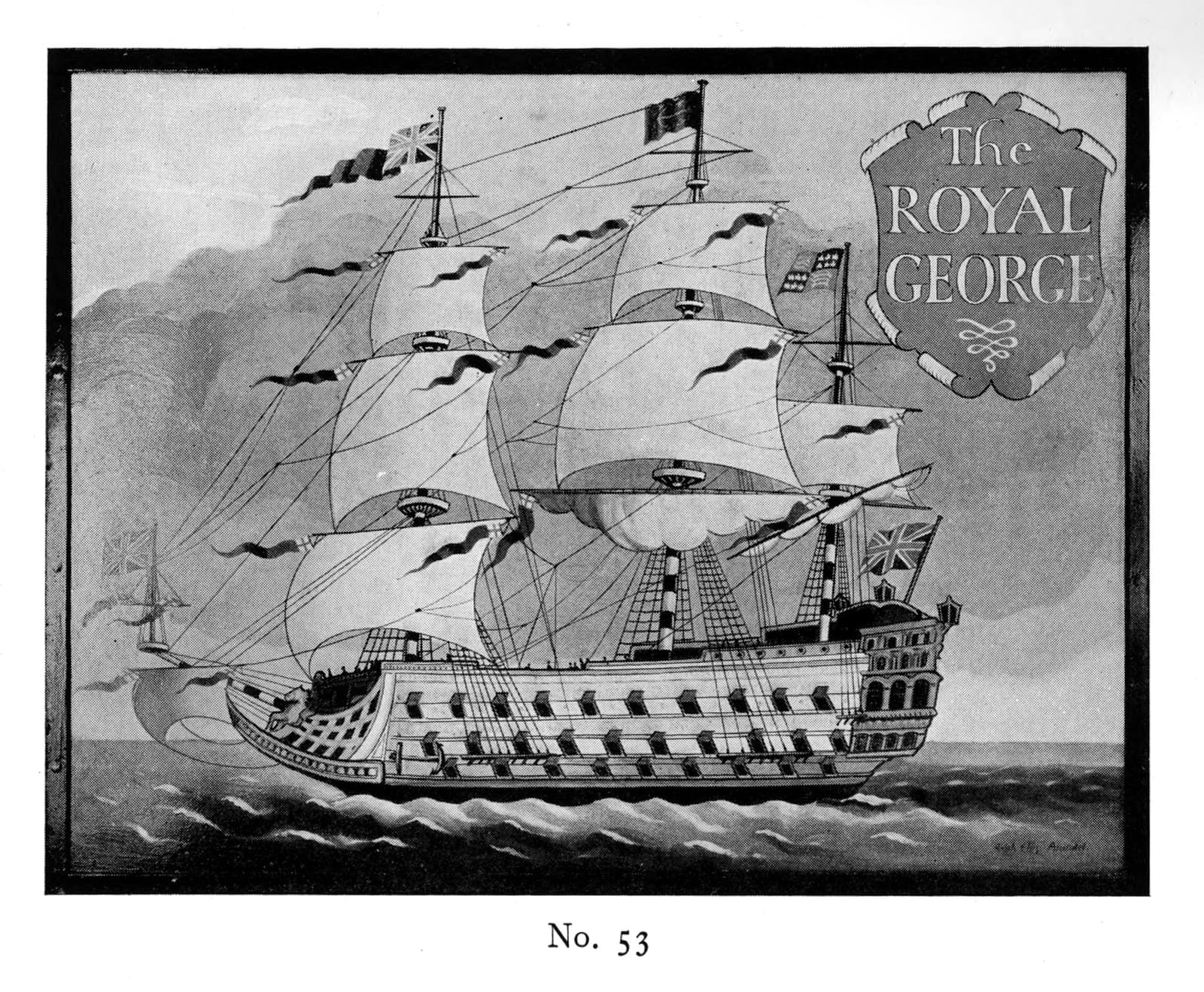 Painted inn sign with a picture of a lerge sail boat on the sea. Set in a curled document motif in the top left is lettering that says "The Royal George".