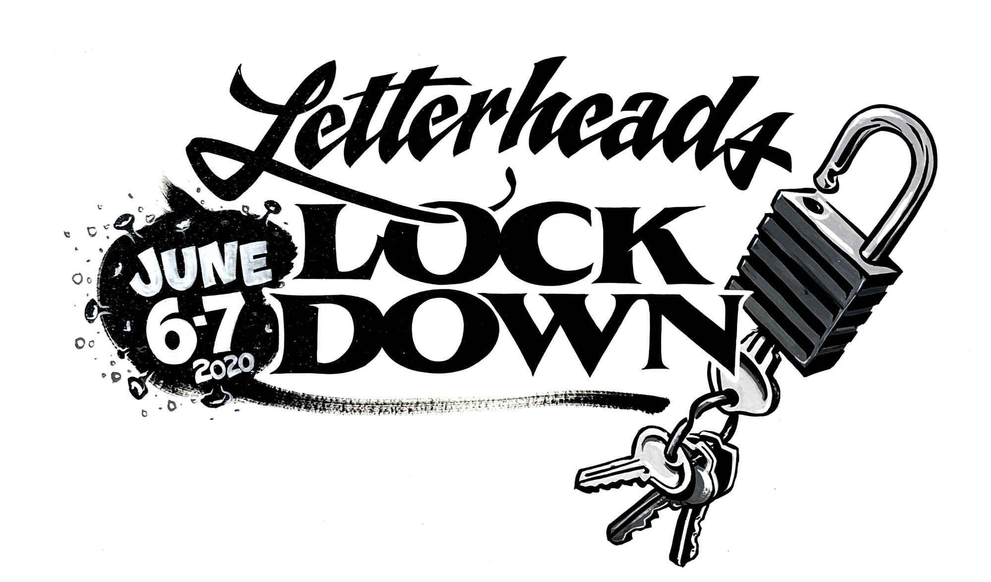 Hand-lettered artwork reading 'Letterheads Lockdown, June 6–7 2020' alongside an illustration of a padlock and keys.