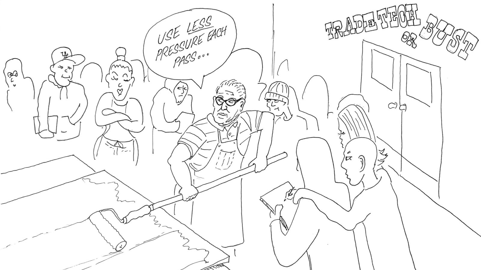 Line illustration of a group watching a man paint a board with a roller.