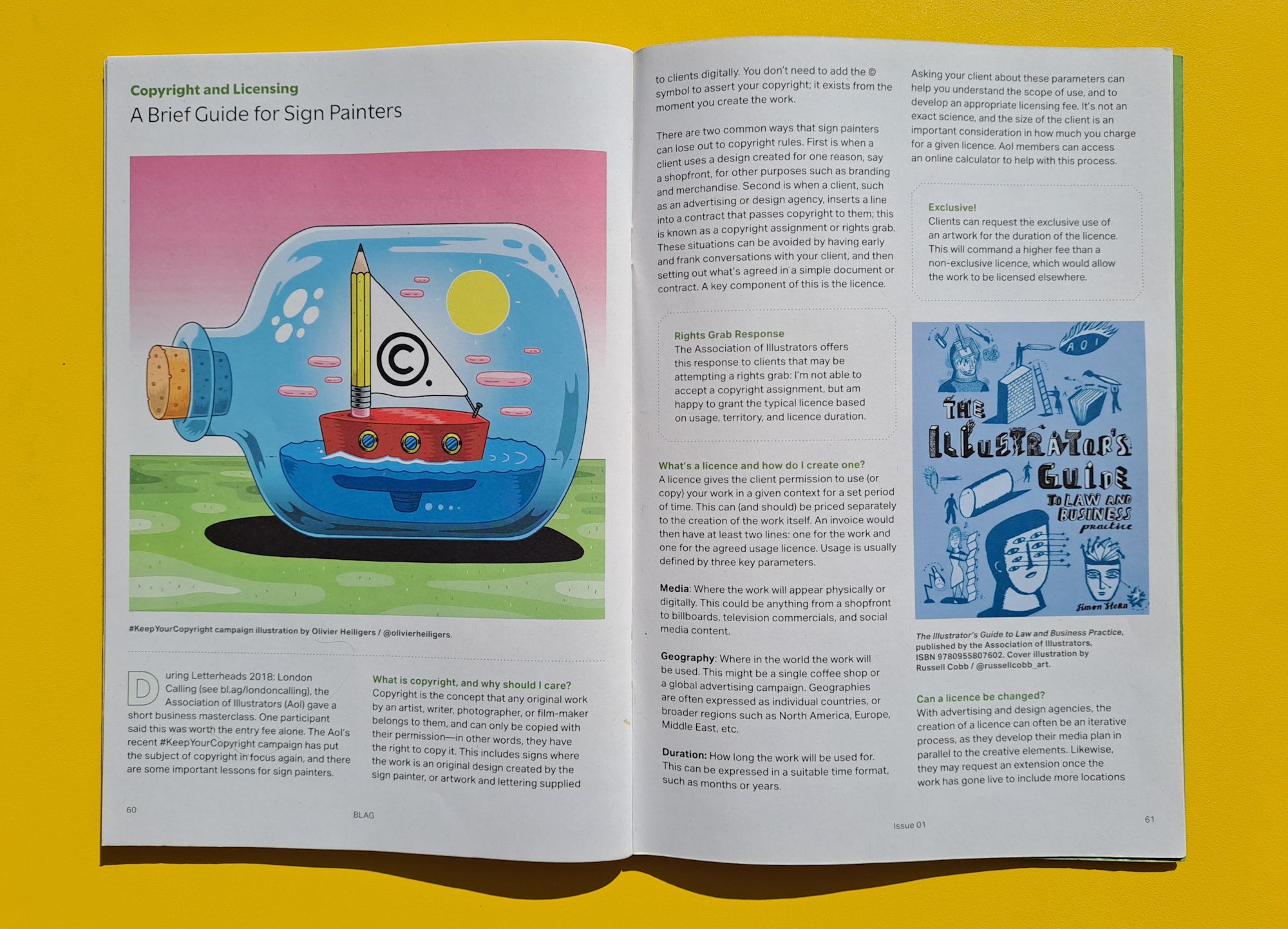 Magazine spread with mixture of text and illustration, photographed on a bright yellow surface. 