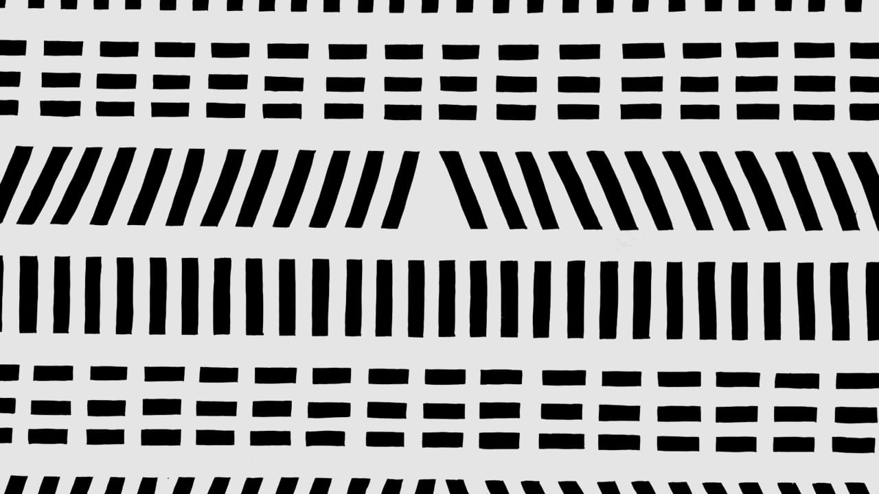 Repetitive pattern of vertical, horizontal, and diagonal strokes of black paint on white.
