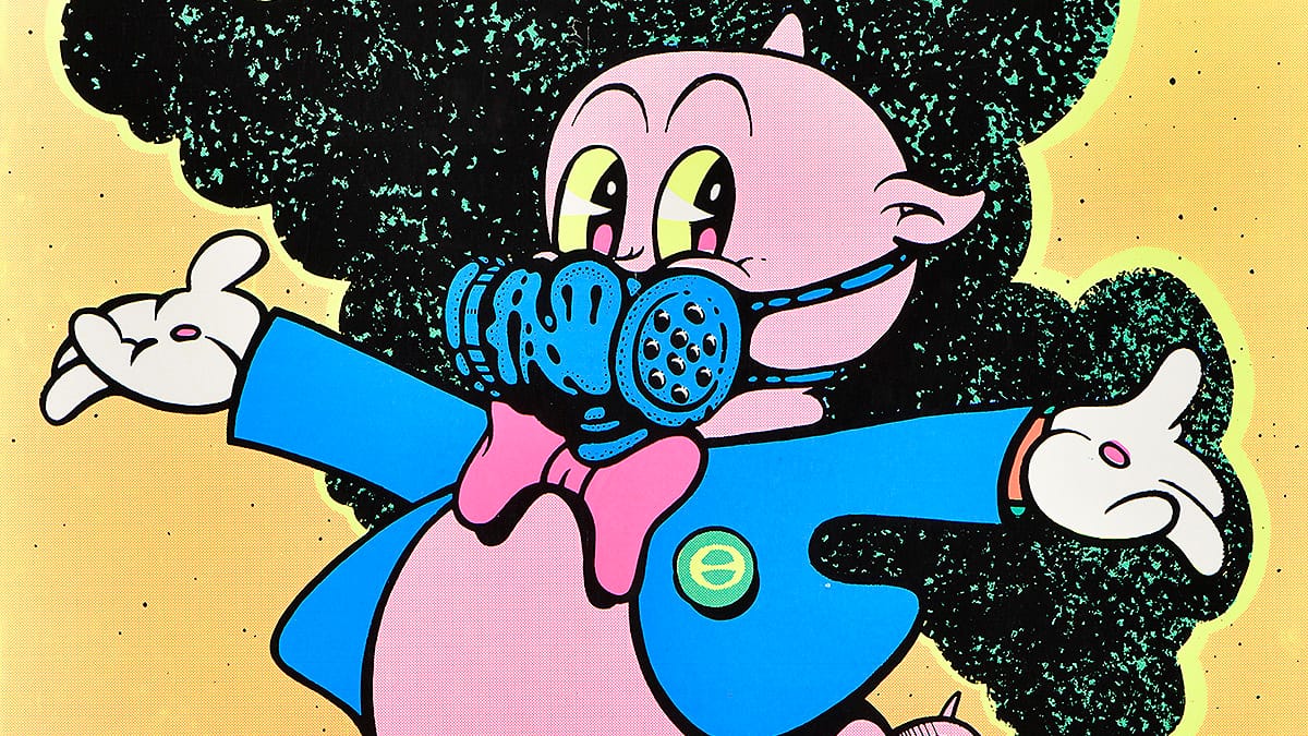 Detail of poster showing Porky Pig, arms outstretched, wearing a heavy-duty mask with black smoke in the background.