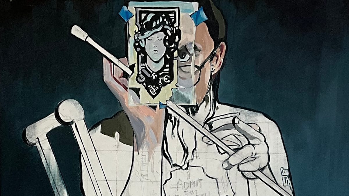 Partly finished painting of a man painting on a pictorial element on a window using sign painting tools..