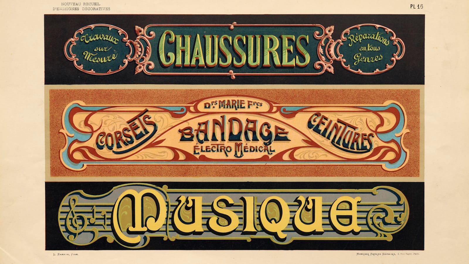 Three wide-format decorated Art Nouveau shopfront designs for "Chaussures", "Bandage", and "Musique" respectively.