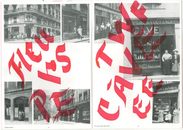 Spread from a publication with lettering in red layered on top of archival photos of Swiss shopfronts.