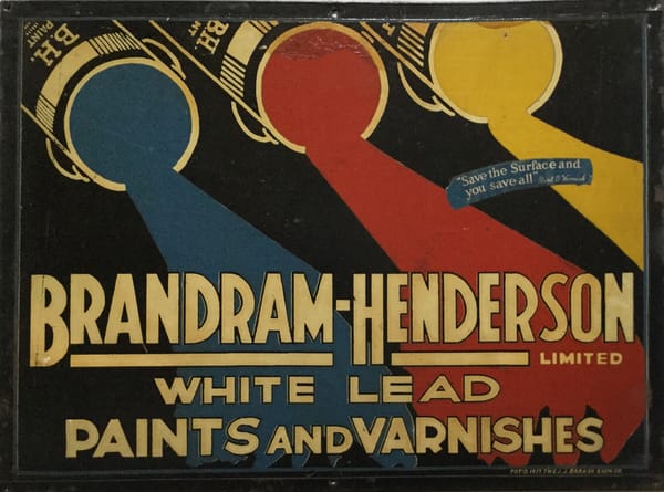 Hand-lettered and illustrated advertisement showing three tins of paint (blue, red, yellow) pouring from above the text.