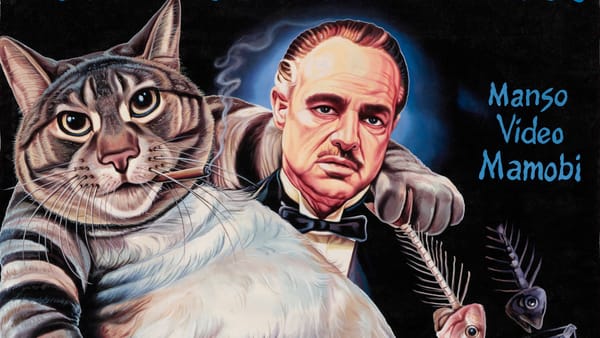 Hand-painted portrait of the Godfather holding a massively oversized cat smoking a cigar.
