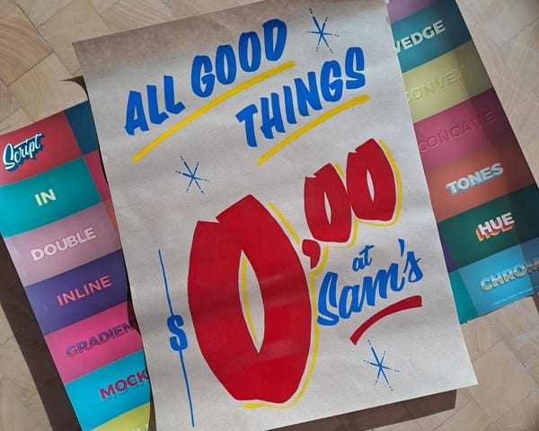 Hand-painted grocery store-style showcard on top of a poster that shows various different types of letter shades.
