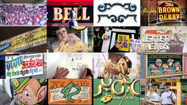 4 x 4 array of photos showing various aspects of sign painting, lettering, illustration, and graphic design.