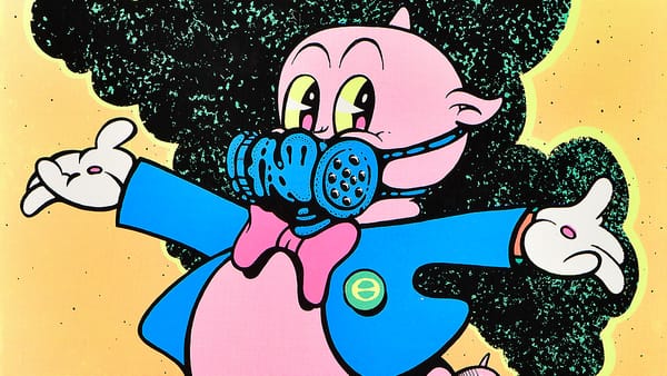 Detail of poster showing Porky Pig, arms outstretched, wearing a heavy-duty mask with black smoke in the background.