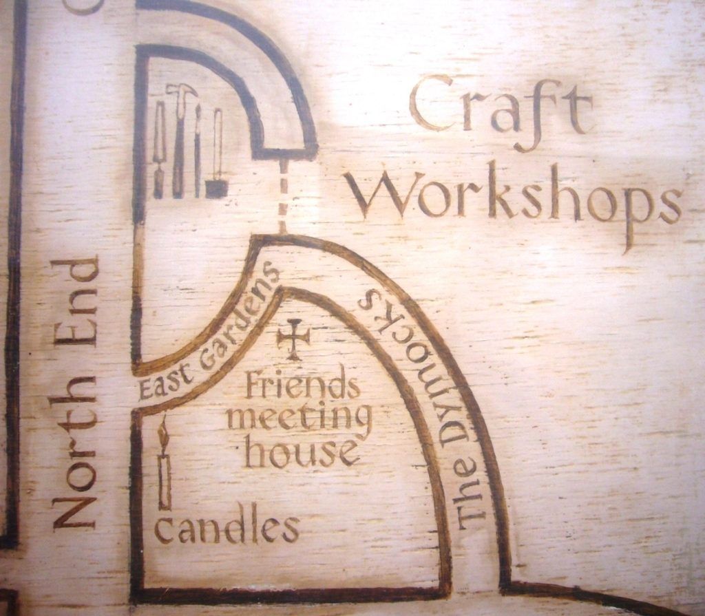 Detail of the Ditchling map showing the location of the craft workshops, with tools of the various trades illustrated