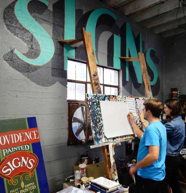 Over to the easels to start laying out some letters at Providence Painted Signs.