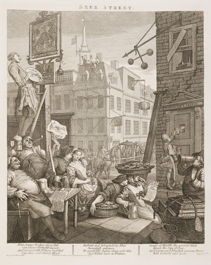 Fig. 2: “Beer Street” by William Hogarth, 1751. This engraving by Hogarth is one of a two part series depicting the plague of gin addiction in 18th century London. In this print, Hogarth presents the societal benefits of drinking beer over gin (the companion print, “Gin Lane,” depicts the evils of the popular spirit). The portrayal of the sign painter in this engraving, with his ragged clothing and thin physique, conveys the common assumption that sign painters were a coarse breed.