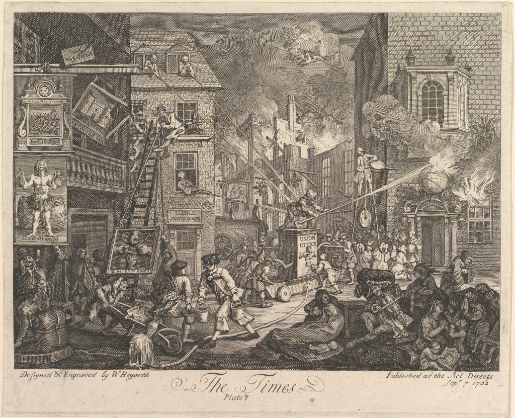 Fig. 3: “The Times, Plate 1” by William Hogarth, 1762. Published several months after the Society of Sign Painters’ exhibition, this print depicts the city of London in chaos—including its dilapidated signs—to make a political statement about the Seven Years’ War. Though clearly hyperbolic, it’s difficult to imagine that Hogarth was exaggerating much about the signs in this print, as the 1762 Westminster Paving Act required, among other sanitation efforts, the removal of London’s dangerous signboards.