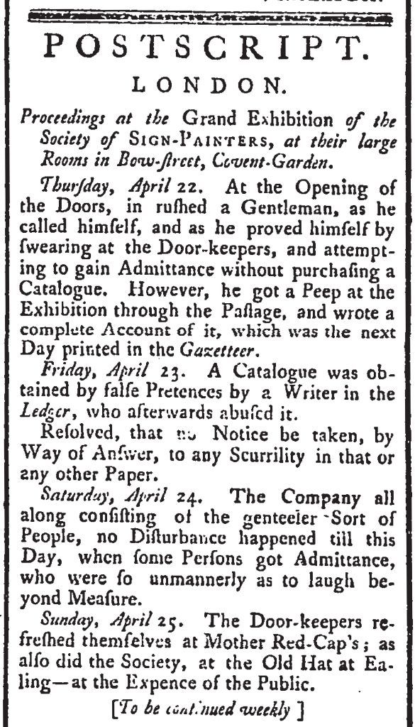Fig. 5: Proceedings of the Grand Exhibition, St. James’s Chronicle or the British Evening Post (London, England), April 27, 1762 – April 29, 1762; Issue 177. Image via 17th-18th Century Burney Collection Newspapers.