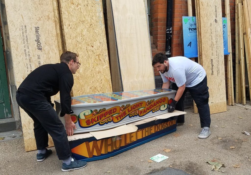 For the organisers and our brilliant volunteer team, the event started with two days of heavy lifting and setting up. After stacking the easels ready for loading in, Charles and Eduardo shifted Joby Carter’s decorated coffins for The Grand Exhibition of the Pre-Vinylite Society.