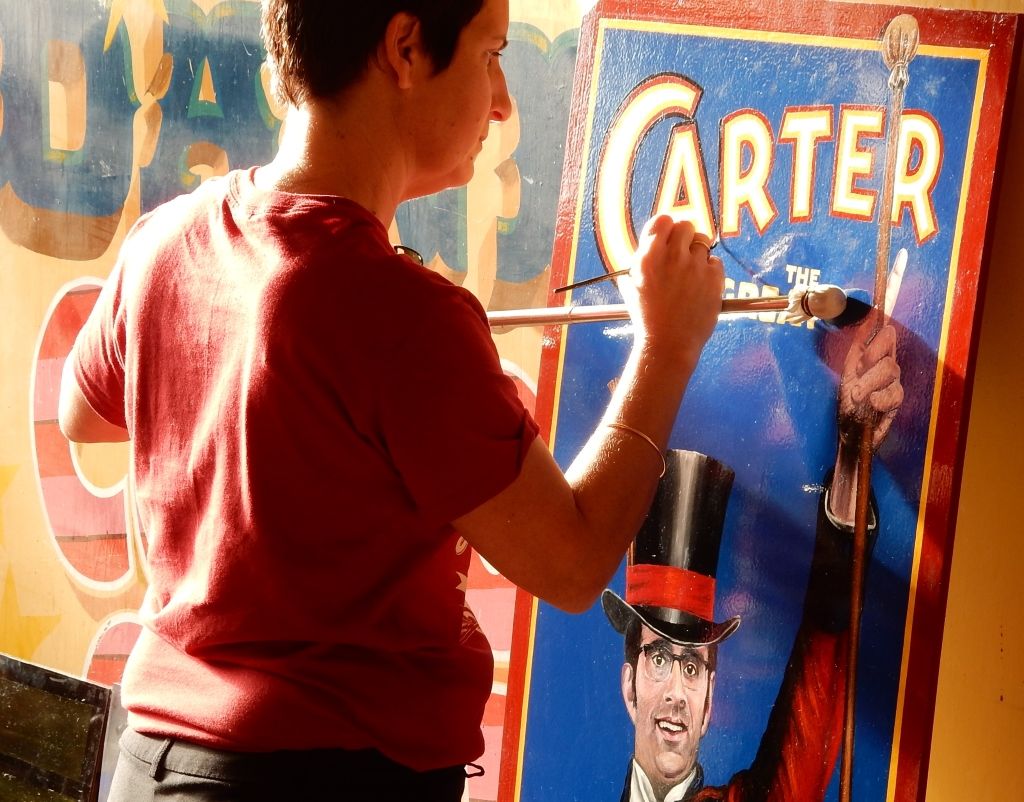 Hélène Valverde at work on her interpretation of the vintage ‘Carter the Great’ magician posters from the early 20th Centrury.
