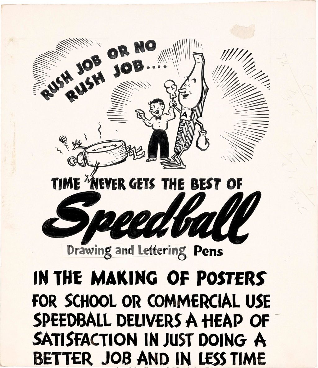 Ross F. George, ink on signboard drawing advertisement for Speedball drawing and lettering pens, ca. 1920.