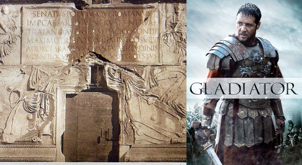 Trajan inscription and Gladiator film poster
