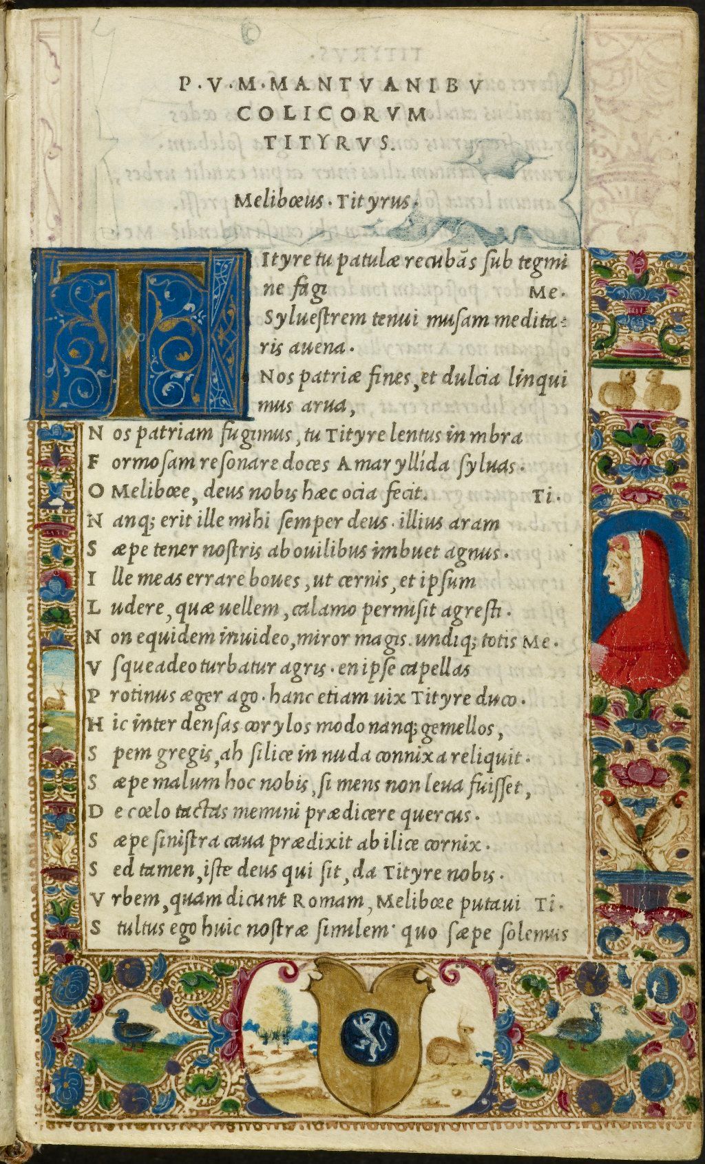 Initial page, letter ‘T’. An illuminated border to the first page of text,