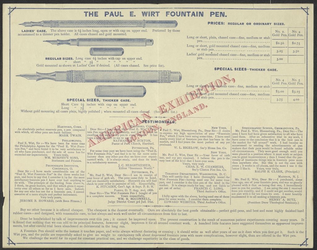 Victorian advertisement for a Paul E Wirt fountain pen with testimonials © British Library Board