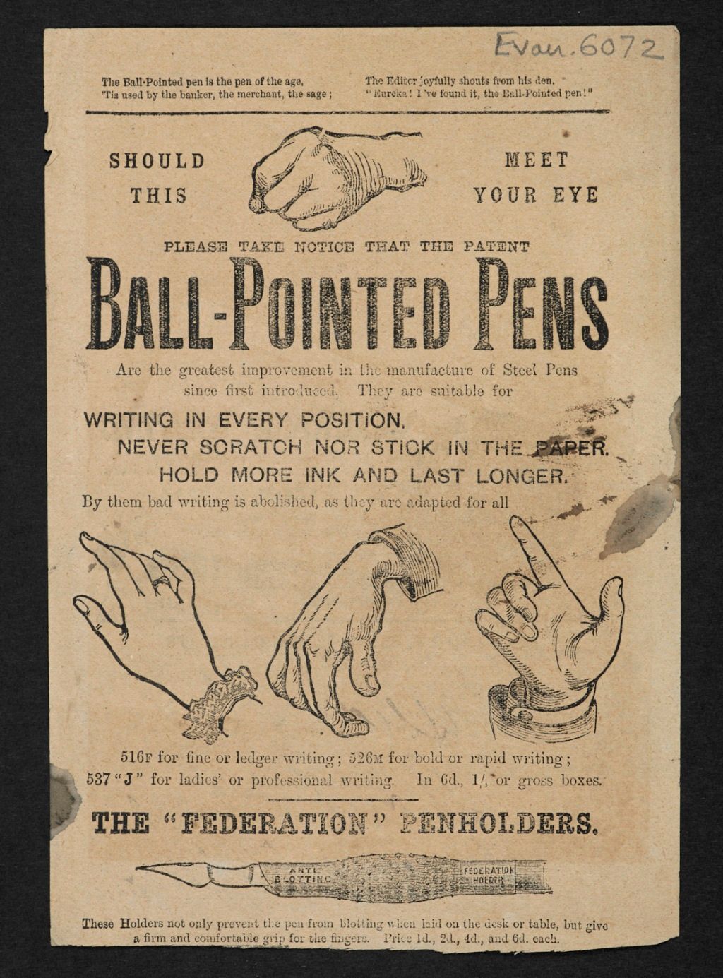 Victorian advertisement for ball-point pens. Printed poster (UK, 1880s) © British Library Board
